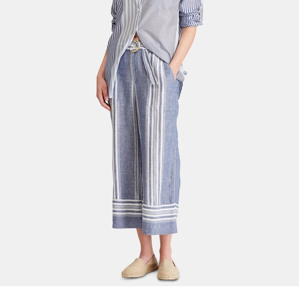 RALPH LAUREN Womens Navy Belted Striped Wide Leg‎ Pants Size: 10